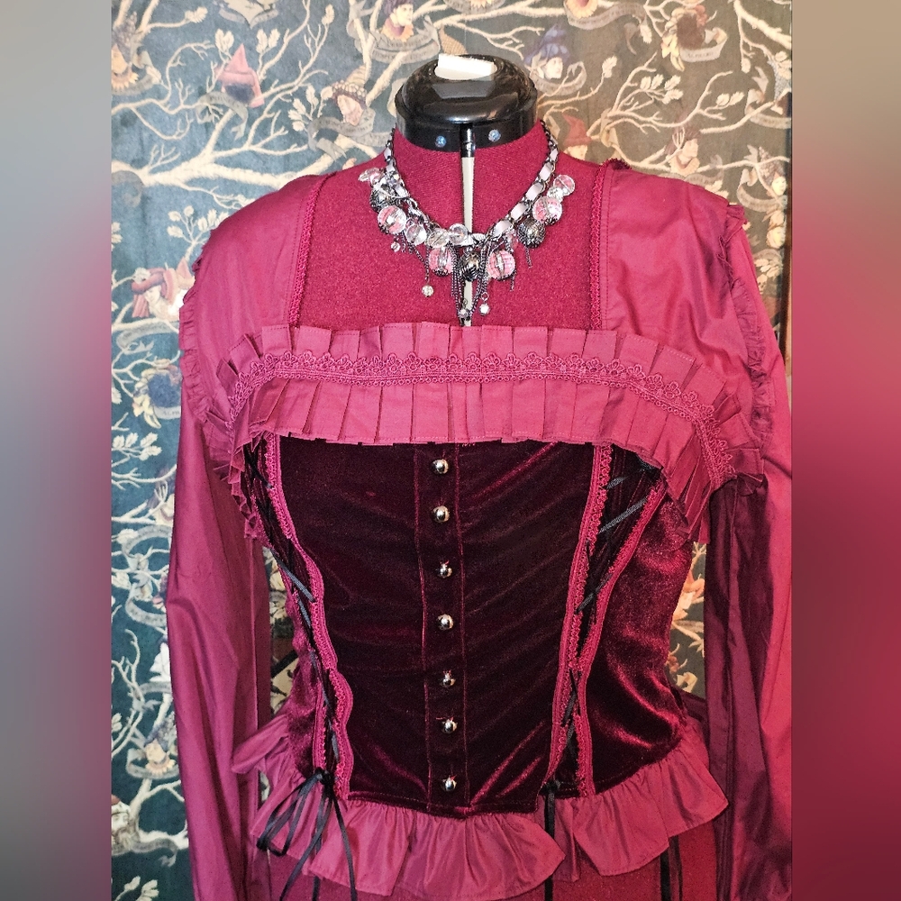 Scarlet Darkness XXL Dark Burgundy Victorian Gothic Steampunk Corset Blouse - Picture 5 of 14